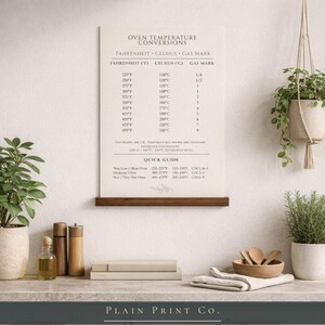 Op de afbeelding: Een rechthoekig wandbord met een tabel voor het omrekenen van oventemperaturen in Fahrenheit, Celsius en gasstanden. Het gebroken witte bord bevat zwarte tekst, inclusief een beknopte handleiding voor oveninstellingen, op een houten plank.