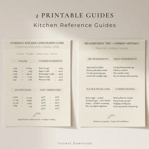 May include: Two printable kitchen reference guides on off-white paper. The left guide lists volume, weight, and temperature conversions. The right guide provides measurement tips and common mistakes. Both feature black text and small leaf icons.