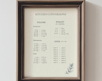Conversietabel keuken afdrukbaar, bakmeting muurkunst, spiekbriefje poster koken, minimalistisch keukendecor, instant download