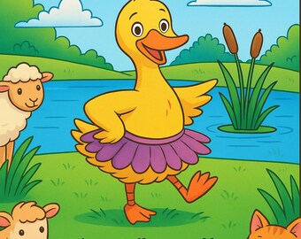 May include: A yellow goose wearing a purple tutu and smiling, standing in a green field with a pond and two sheep and a cat. The text "Gertie the Goose Who Wants to Twirl" is at the top of the image. The text "Written & Illustrated by Nest & Notes Studio" is at the bottom of the image.