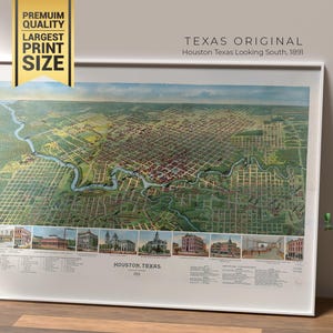 Vintage Houston Texas Karte zum ausdrucken, 1891 Vogelaugenansicht Poster, digitaler Download Wandkunst, Retro Wohnkultur, historischer Texas Druck
