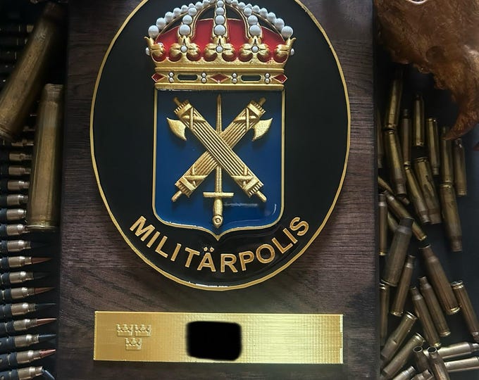 Featured listing image: Swedish Military Police Plaque: Hand-Painted Crown, Oak & Epoxy