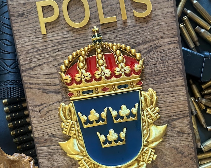 Featured listing image: Swedish Police Sign, Laser Engraved Wall Decor