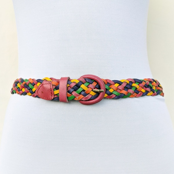 Vintage 80s colorful braided belt, rainbow woven leather belt, size S