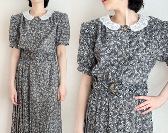 Vintage 80er Jahre Blümchen Print Kleid: Plissee Midi mit Spitzenkragen, Gr. 12