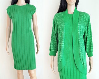 Vintage 80s green knit dress, green cardigan two piece set, size 4 small