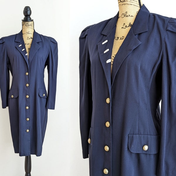 Vintage 80s navy blue blazer dress, puff sleeve dress with gold buttons, size M medium