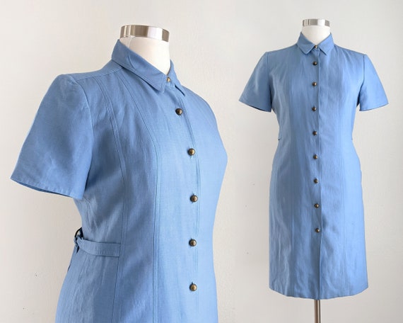 Vintage 90s blue linen button down dress, chambra… - image 1