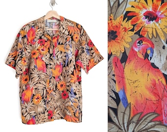 Vintage jaren 90 papegaaienprint Hawaiiaanse tropische bloemen button-up shirt Christie & Jill, maat Large