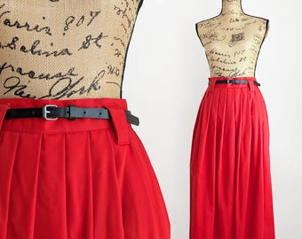 Falda midi acampanada roja vintage de los años 80: falda plisada de cintura alta, talla L