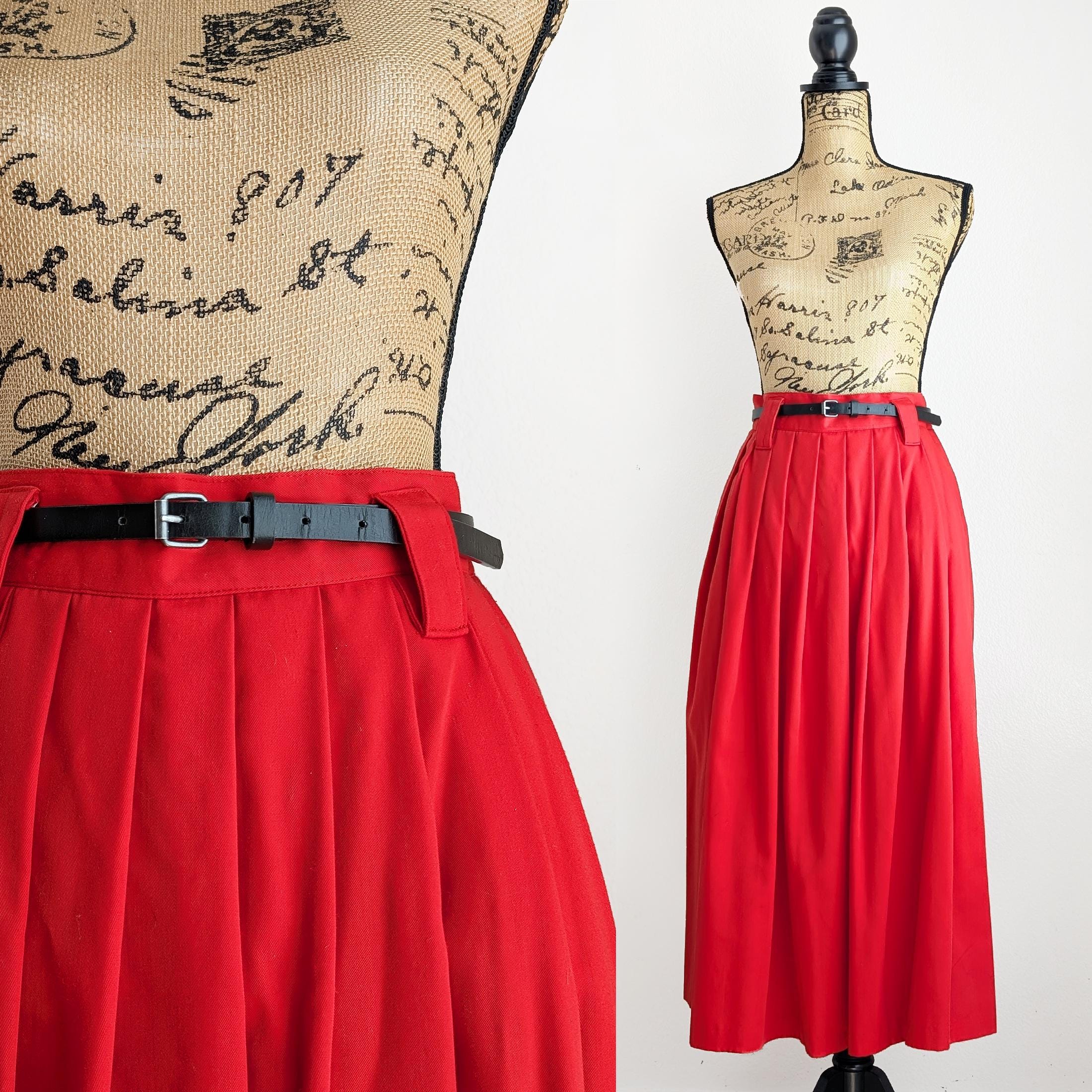 Red Pleated Skirt 90s Red Midi Skirt