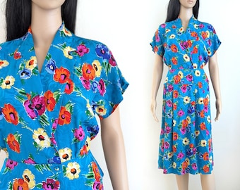 Vintage 90s Adrianna Papell Floral Midi Dress: Teal Blue Jacquard, Size S
