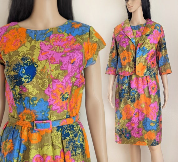 60s floral dress and jacket set, colorful floral … - image 1