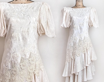 Vintage 80s Ivory Jacquard Dress: Beaded Floral Lace, Bubble Sleeves (Size 8)