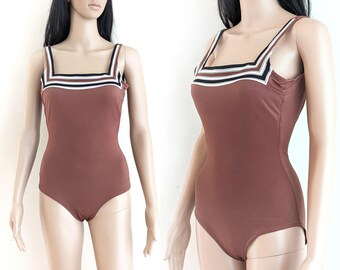 Vintage 80s brown Gottex swimsuit, striped swimsuit, square neck bathing suit, size S small
