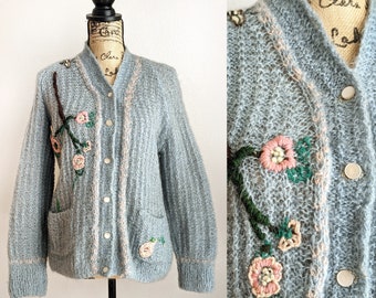 50s crochet floral cardigan, vintage wool knit cardigan sweater, blue embellished button up cardigan, hand knit cardigan, size M medium