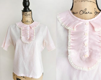 Pastel pink blouse, vintage 60s bib collar blouse, retro cropped sheer blouse, Ship 'n Shore, size 36 medium