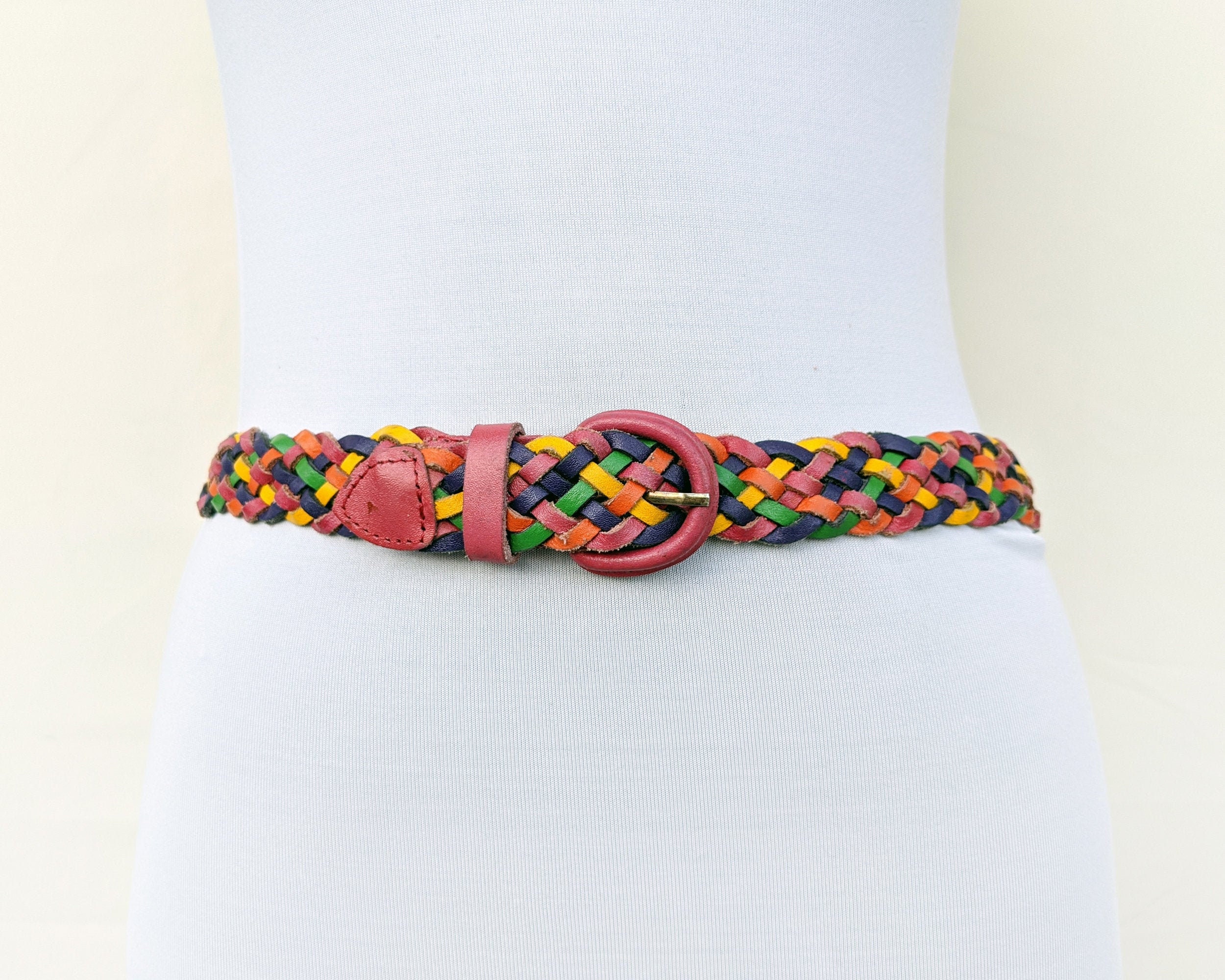 Vintage 80s Colorful Braided Belt, Rainbow Woven Leather  display picture 1