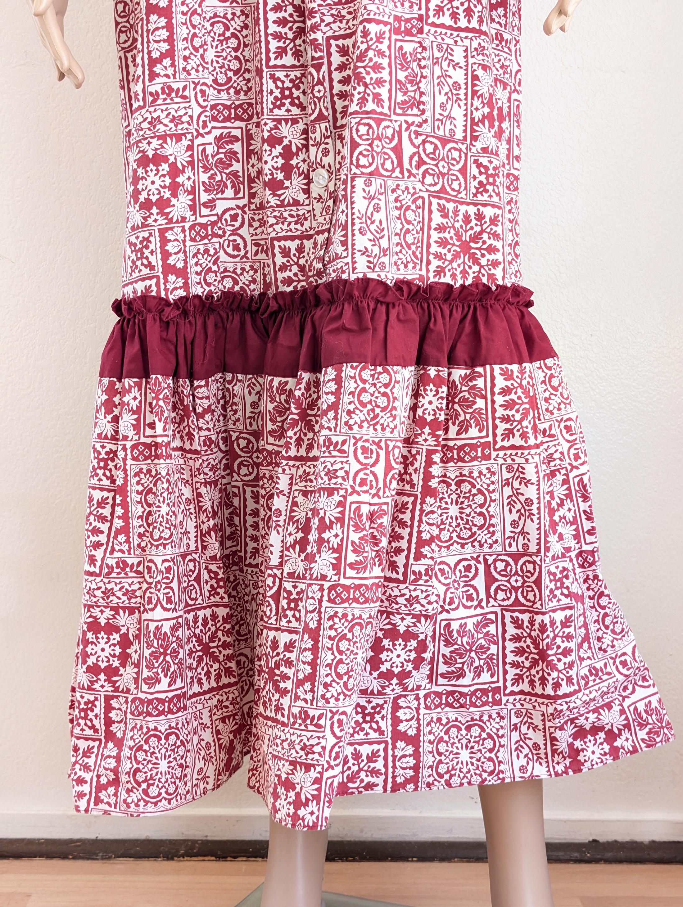 Vintage 60s Hawaiian Maxi Dress, Red Mosaic Floral Print, Puff Sleeve ...