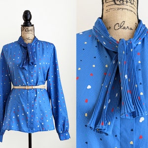 Vintage 80s bow tie blouse, blue secretary blouse, Haberdashery by Personal long sleeve blouse, size medium M