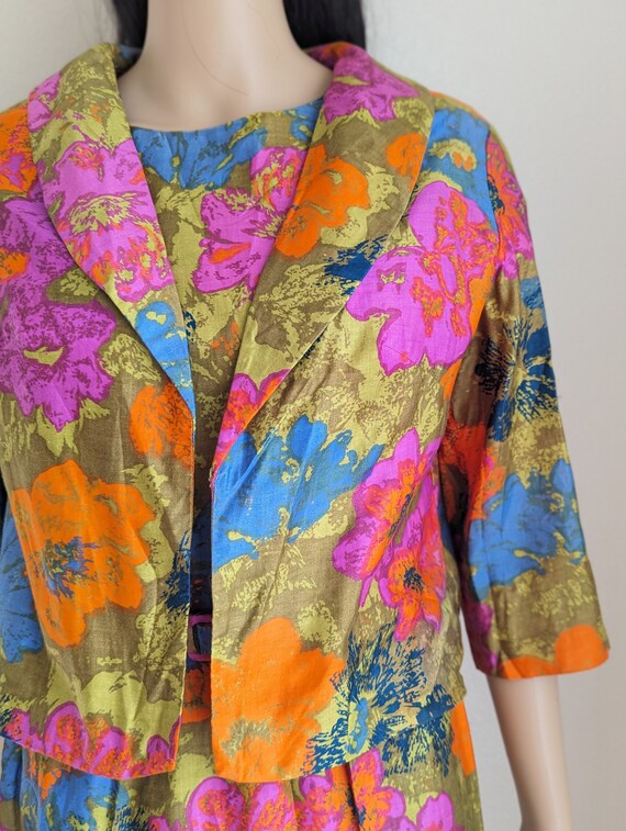 60s floral dress and jacket set, colorful floral … - image 7