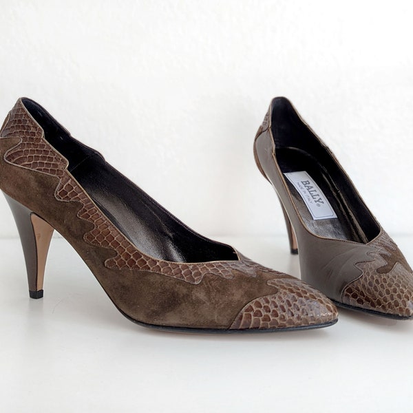 Vintage 80s Bally suede pumps, brown snakeskin pumps, pointed toe pumps, brown Bally leather pumps, suede high heels, size 8.5 N