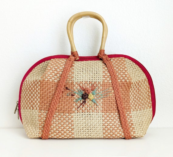 Vintage woven wood handle purse, gingham plaid to… - image 1