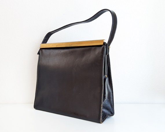 Vintage 50s black top handle purse, large mid cen… - image 1