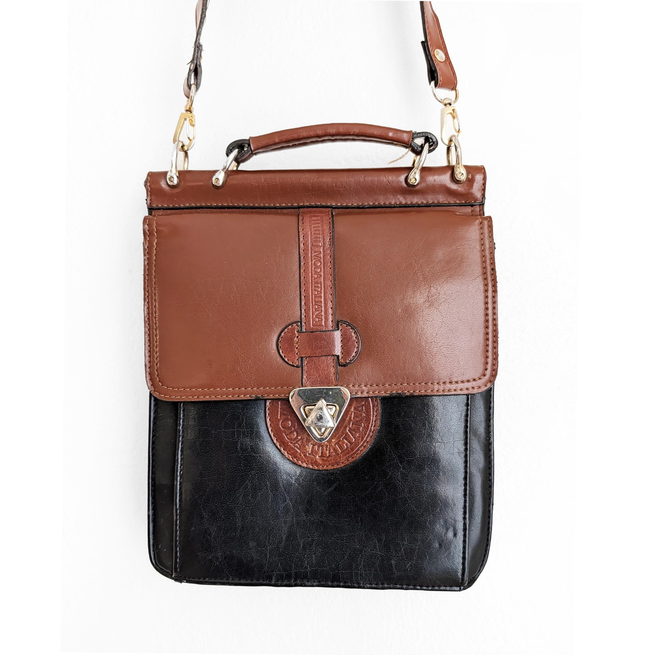 Vintage 90s Moda Italiana Two-tone Faux Leather Crossbody Bag