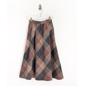 Vintage 70s brown plaid skirt 100% wool diamond checkered flared midi skirt size XS