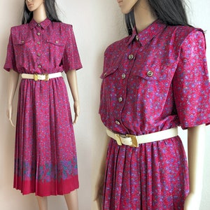 Vestido Leslie Fay vintage dos anos 80, camisa floral rosa escuro roxo, vestido midi plissado com estampa de borda, tamanho 10 médio