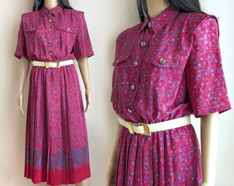 robe Leslie Fay vintage des années 80, robe chemise florale rose foncé violette, robe midi plissée à bordure imprimée, taille 10 moyenne
