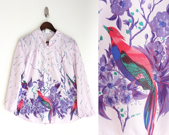 Vintage 70s plus size bird print blouse, light pi… - image 1