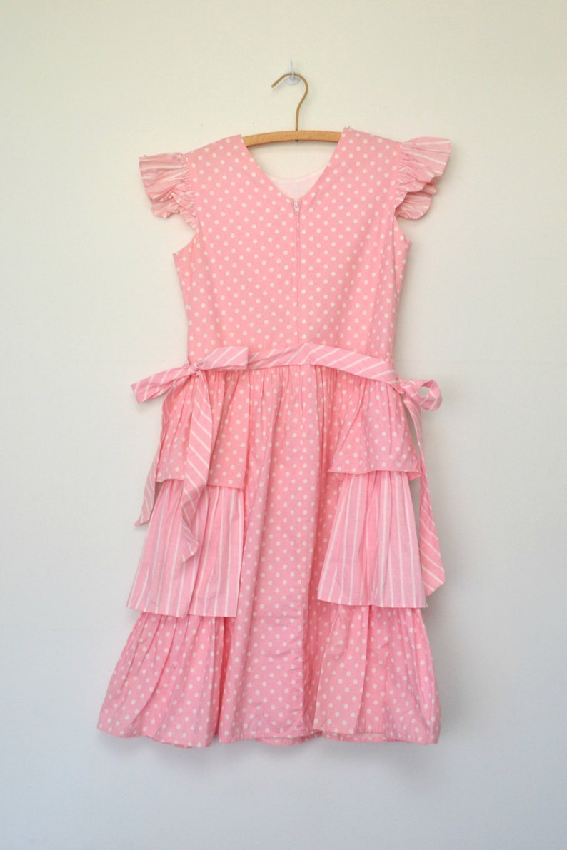 size large L 80s girls pink dress vintage polka dot ruffled tiered dress with cap sleeves