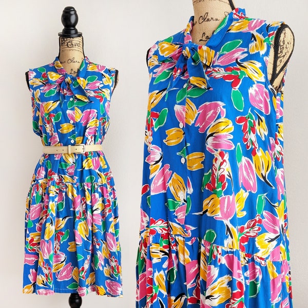 Floral drop waist dress, vintage 80s sleeveless pussybow dress, colorful floral print cotton dress, size M medium