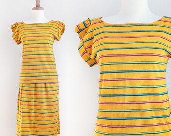 Vintage 70s yellow striped top and skirt set, two piece knit skirt and t-shirt set with colorful stripes, JC Penney Fashions, size S small