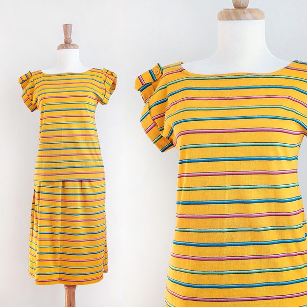Vintage 70s yellow t-shirt and skirt set, two piece knit skirt and blouse set with colorful stripes, JC Penney Fashions, size S small