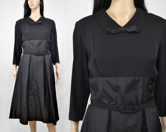 Vintage 50s Black Flare Dress: Taffeta Chiffon Bow Dress, Size Large