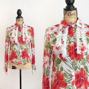 Vintage 80s 90s sheer floral blouse, tulle rag button up crinkle blouse with hibiscus print, size M medium