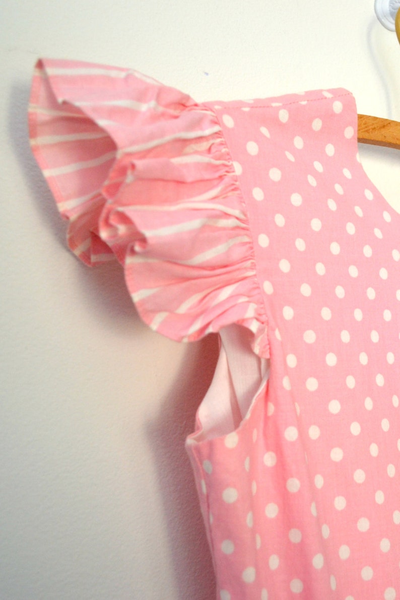 size large L 80s girls pink dress vintage polka dot ruffled tiered dress with cap sleeves