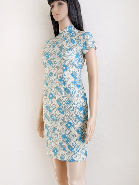 Vintage floral qipao dress, mosaic tile print che… - image 3