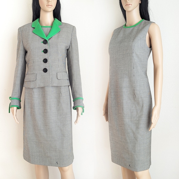 Vintage houndstooth women's suit, Rickie Freeman for Teri Jon wool dress set, green trimmed checked sheath dress and jacket, size 4 small