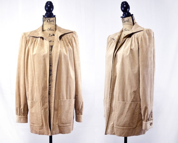 80s camel open front jacket, vintage Adolph Schuma