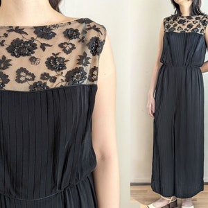 Vintage 60s black pleated jumpsuit, Erlebacher floral lace panel sequinned jumpsuit, size S small