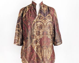 Vintage 70s Metallic Paisley Blouse - Plus Size Sheer Tunic Top