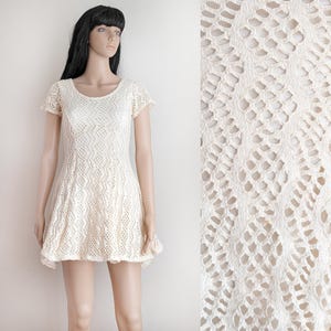 Vintage 90s ivory crochet lace swing dress scoop neck pointelle skater mini dress Top Style size S small