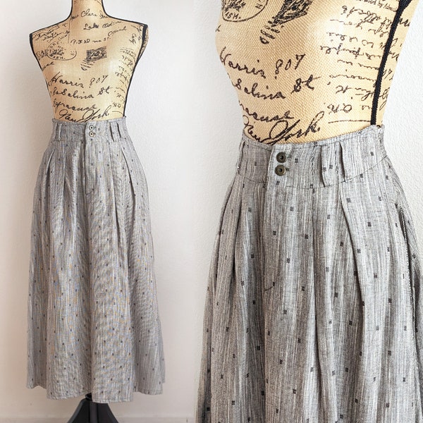 80s high waisted flared skirt, grey geometric print midi skirt, high waist full skirt, City by Julio & Paula, size S small