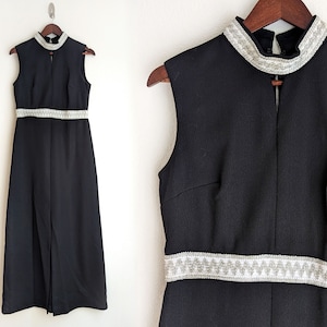 Vintage 60s black formal gown, silver trim black maxi dress, mock neck empire waist dress, size S small
