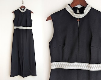 Vintage 60s Black Maxi Dress: Silver Trim, Mock Neck, Size Small