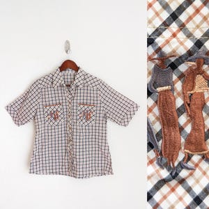 Vintage 80s brown plaid Western blouse embroidered breast pockets retro windowpane checked button up short sleeve shirt size M medium